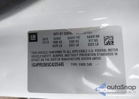 2012 Buick Verano Convenience Group from USA, damaged, VIN 1G4PR5SK9C4225445